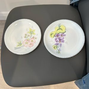 Set of 4 Different Milk Glass Salad Plates w/Beaded Edges/Handpainted Florals